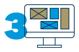 icon: 3, desktop computer with boxes representing a wireframe