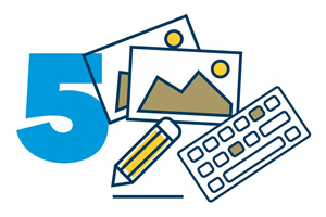 icon: 5 with pencil, keyboard and photographs