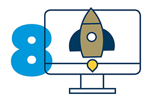 icon: 8 with desktop computer, rocket ship