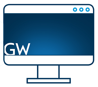 icon: desktop computer with blue GW branded virtual meeting background