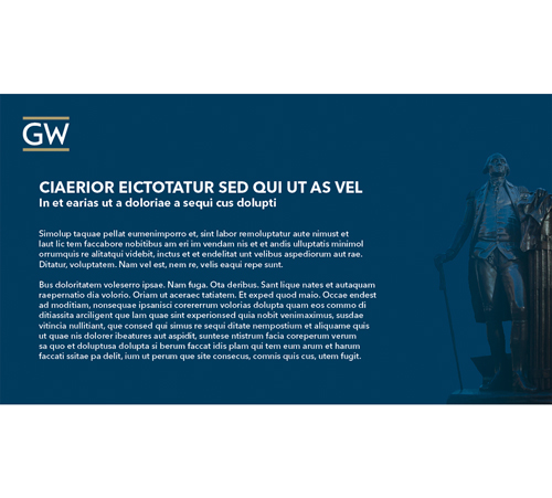screenshot of landscape social graphic (GW logo, text, blue background, statue of George Washington)