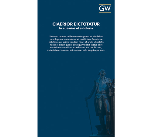 screenshot of portrait social graphic (GW logo, text, blue background, statue of George Washington)