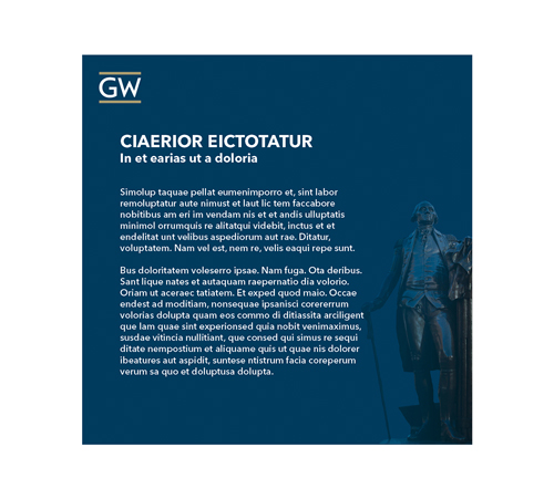 screenshot of square social graphic (GW logo, text, blue background, statue of George Washington)