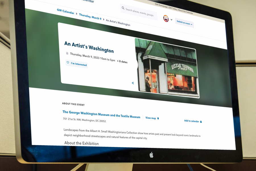 A computer screen displays the event "An Artist's Washington" on the GW Events Calendar website