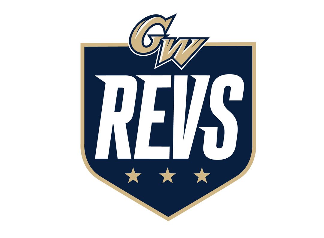 GW Revs logo stacked with a dark blue shield background behind "REVS"
