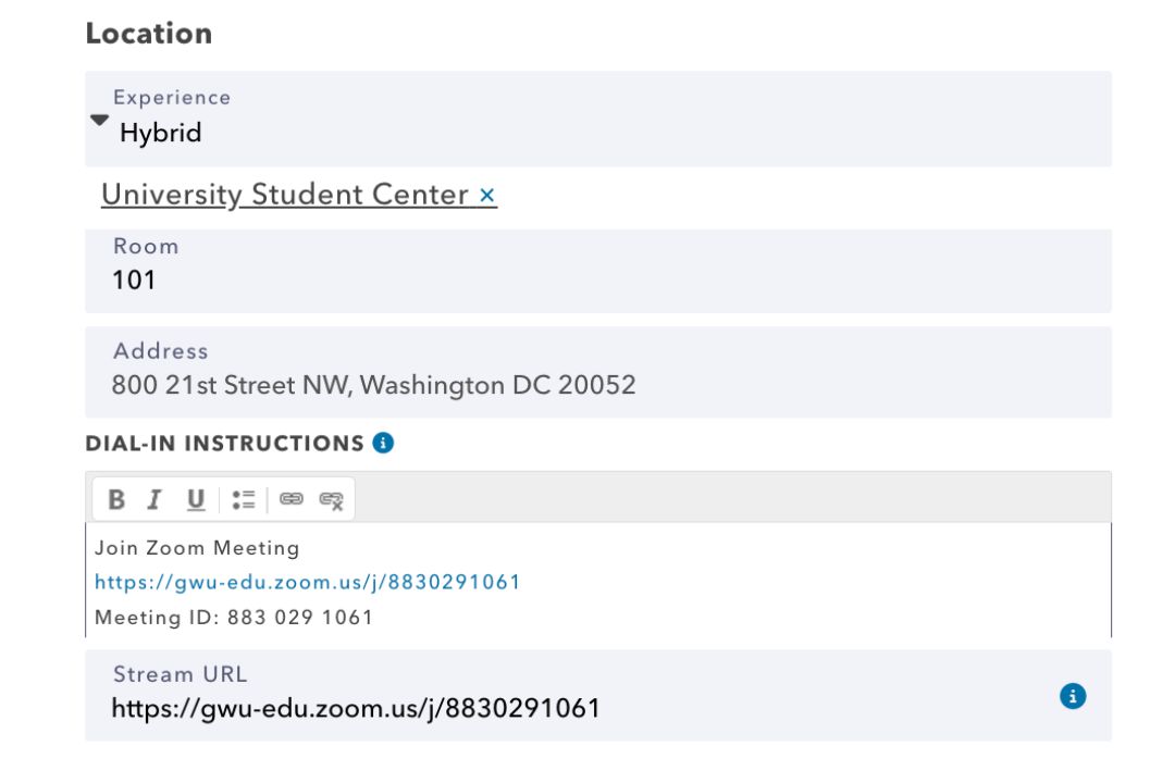 Calendar form drop-down with 'hybrid' selected and place, room, address information, and dial-in instructions filled in.
