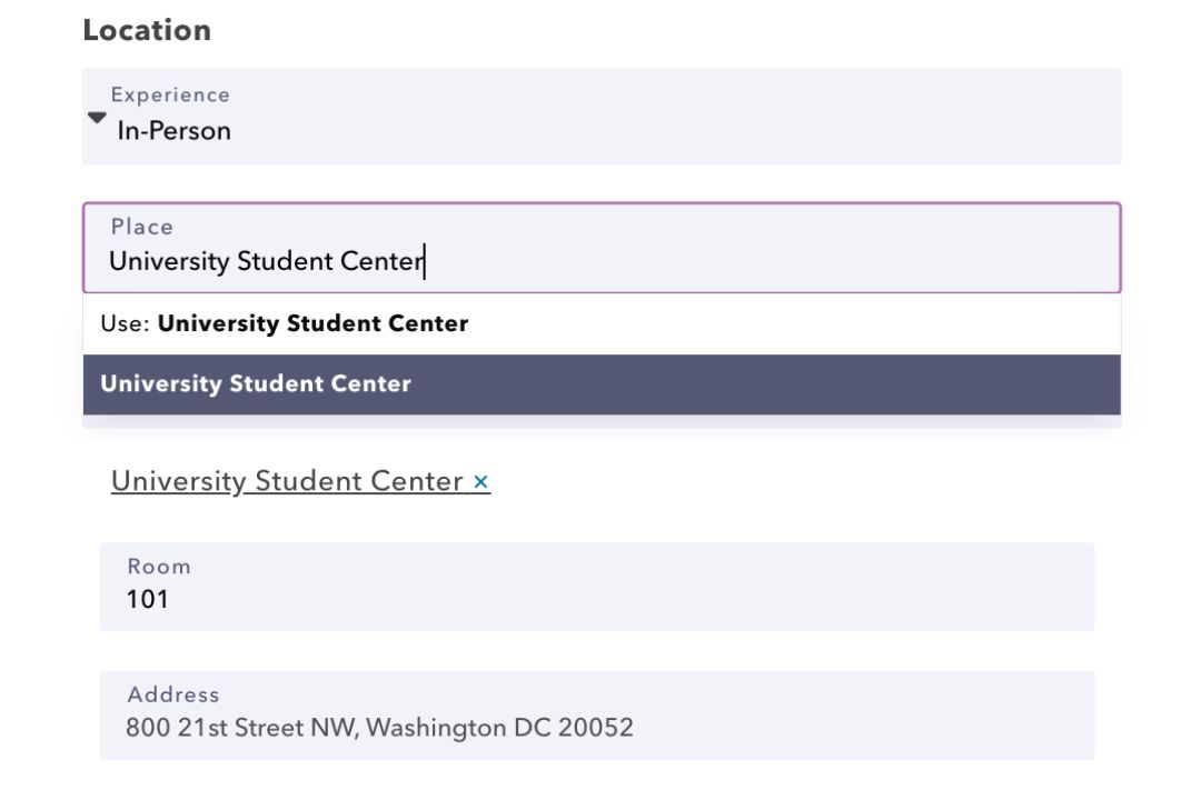 Calendar form drop-down with 'in-person' selected and place, room, and address information filled in.