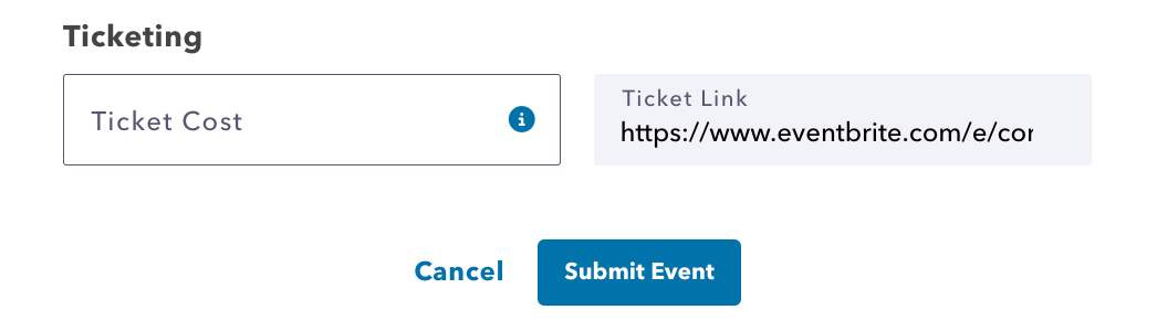Calendar form section labeled 'ticketing', with the ticket cost section blank and the ticket link section filled in with an event registration link.