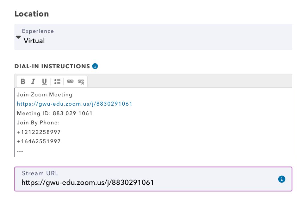 Calendar form drop-down with 'virtual' selected and dial-in instructions and stream URL information filled in