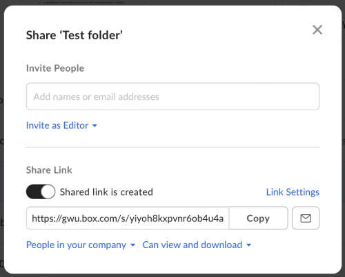 screenshot of GW Box interface for sharing a folder